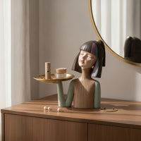 Girl Bust with Tray Golden Statue with Tray Low-Profile Jewelry Holder for Vanity, Entryway, Living Room