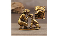 Antique Bronze Finish Girl and Dog Figurine Brass-Colored Girl with Dog Figurine Sculpted Sculpture Heartwarming for Bookshelf, Desk
