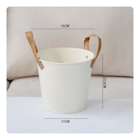 Metal Flower Planter Leather-Style Handles Distressed Metal Planter Small Round Planter Embossed Floral Lettering