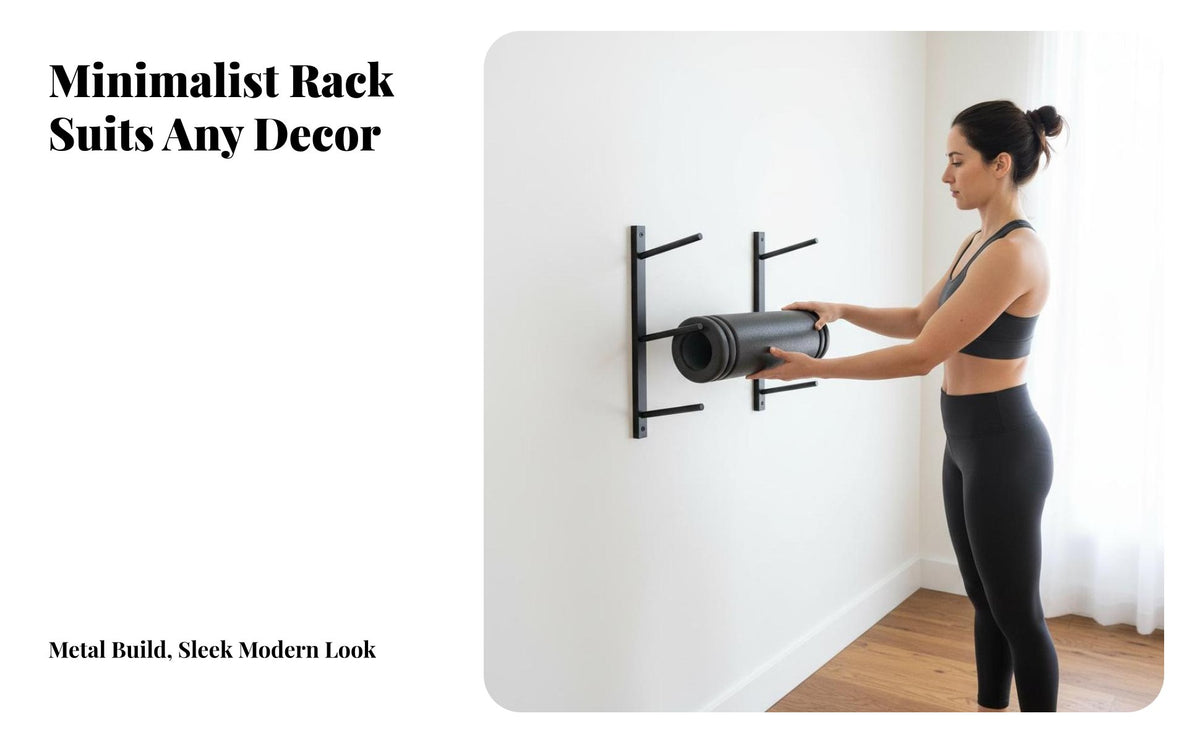 Multi-Functional Wall Mounted Exercise Mat Rack Space-Saving Exercise Mat Holder Wall Mount Heavy-Duty Foam Roller Storage Holder Sturdy Construction