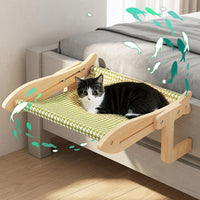 Hanging Cat Bed and Window Cat Bed, Foldable Woven Mat Balcony Cat Bed Hammock, Space Saving Wood Frame Perch for Indoor Cats and Balcony Patio