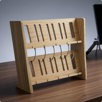 Natural Wood Finish Two-Tier Phone Stand Freestanding Slatted Phone Stand Organized Storage Desk Accessory Unobstructed Design