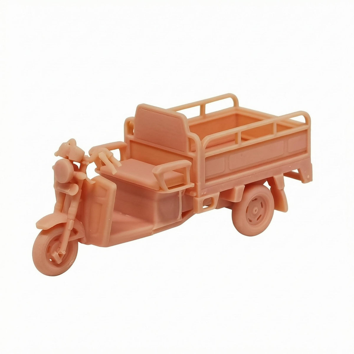1/64 Scale Cargo Tricycle Model Unpainted Three-Wheeled Cargo Trike Orange-Peach Finish Three Wheel Flatbed Truck Model Side Railings