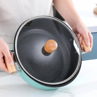 Dutch Oven Casserole Dish with Cast Iron Base, Versatile Hot Pot and Soup Pot for Stew, 3.1-4L Shabu Shabu Stew Pot with Glass Lid, Wood Handle