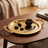 Metal Serving Tray with Handles Gold-Toned Hammered Metal Tray Decorative Platter with Handles for Hosts, Coffee Table, Dining Room