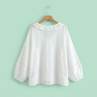 Lace Top Blouse for Ladies with Long Puff Sleeves and V-Neck Design, Wrinkle-Resistant Ramie Blend for Business Casual and Office, Summer