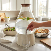 Water Dispenser and Juice Dispenser with Tap, Pear Shaped Drink Vessel with Wood Lid, Simple Glass Carafe for Home Bar Party