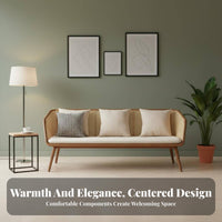 Rattan armrestrest Sofa Earthy Aesthetic look and feel Upholstered Bench with Rattan armrestrests Nordic design living Room Couch for residents, study alcove, Bedroom, Entryway