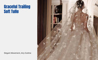 Bridal Veil, cream, 3D floral accent, nature-inspired, crystal details, luxury headpiece, trailing soft tulle, mermaid wedding
