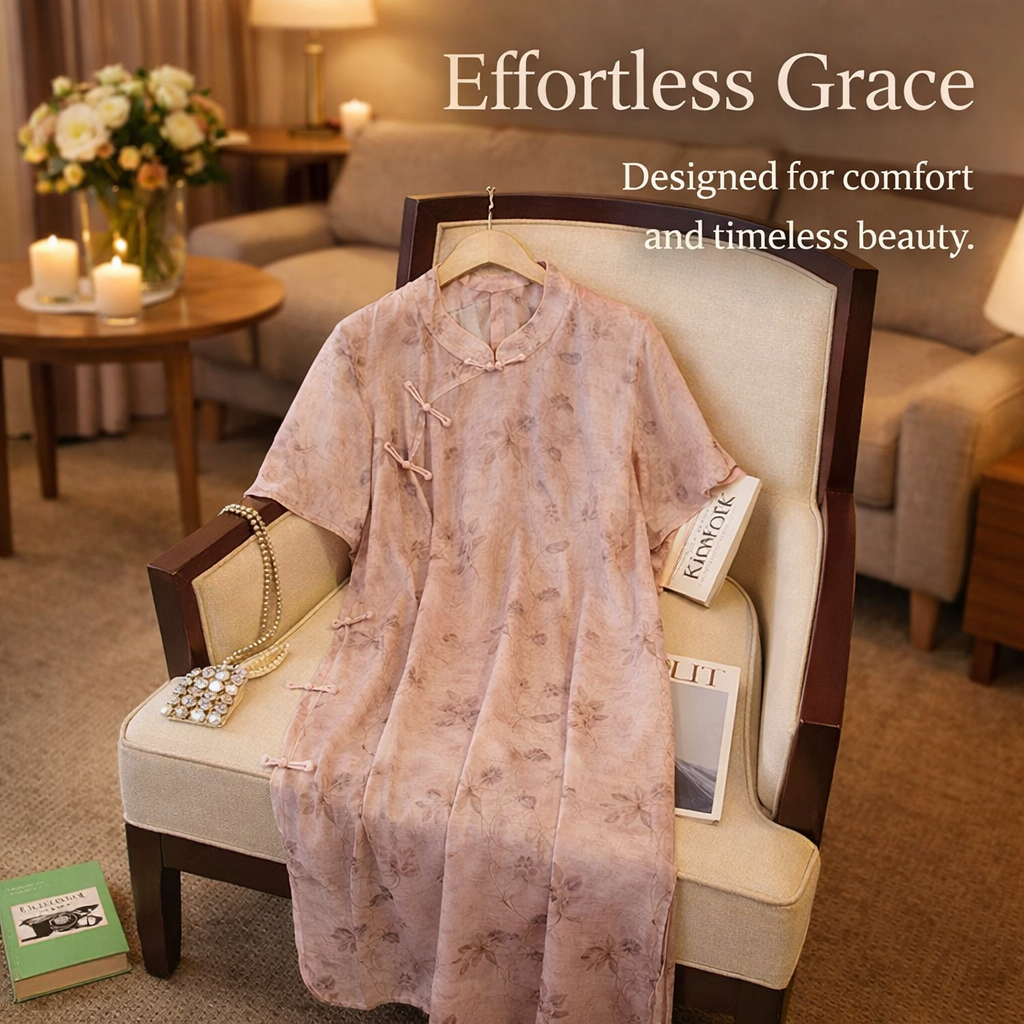 Long Dress Chinese Cheongsam with Floral Print for Wedding Guest, Plus Size Women Qipao with V-Neck and Three Quarter Sleeves