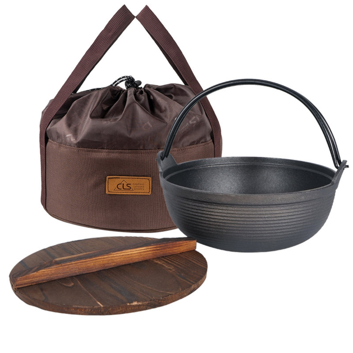 Cast Iron Stew Pot  with Wooden Lid Ribbed soup Pot with Storage Bag Portable Nabe for Outdoor Cooks, Picnics