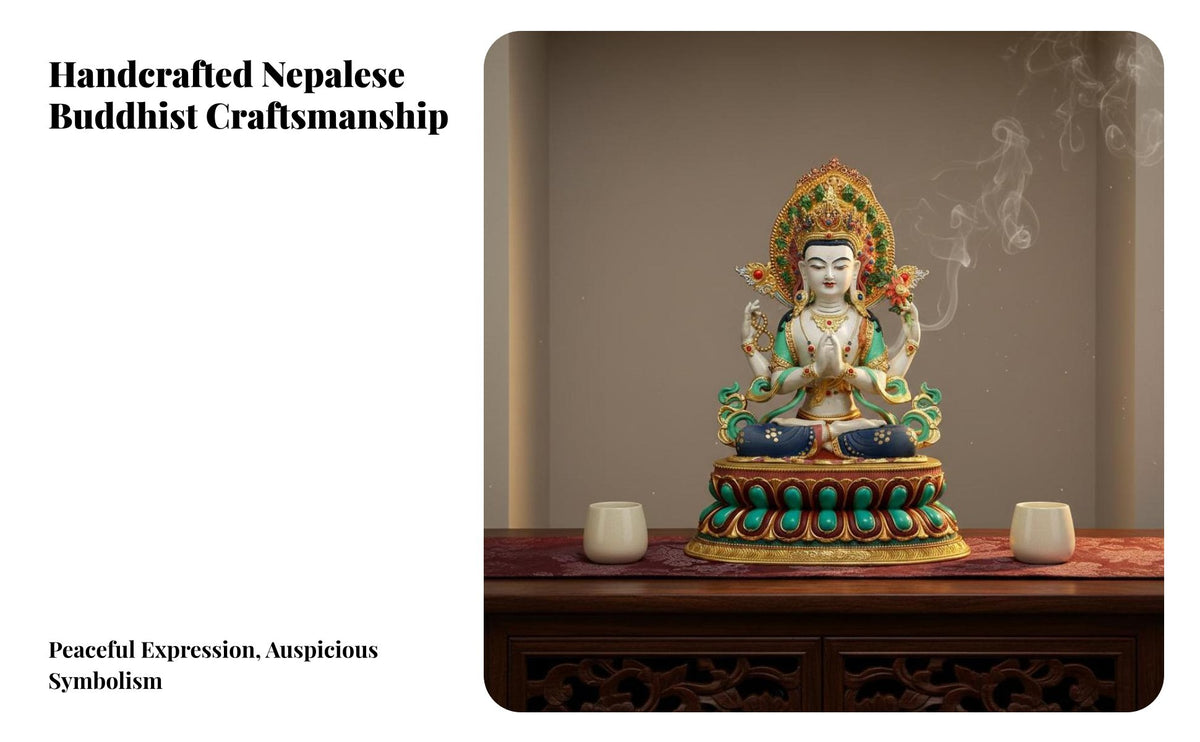 Traditional Craftsmanship Four-Armed Avalokiteshvara Statue Multi-Color Finish Nepalese Design Guanyin Statue Intricate Intricacy S Tibetan Chenrezig Sculpture for Buddhists, Art Collectors, Mindfulness Practitioners, Buddhist Shrine, Temple