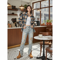 Long Sleeve Plaid Shirt Versatile Retro Plaid Blouse Comfortable Loose Fit Checkered Shirt for Young Adults, Students, Commuting, Daily Wear, Travel