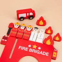 Wooden Fire Station Set Painted Fire Assist Toy Scene Bright Red Firefighter Figure Set for Kids