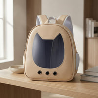 Khaki Cat Ear Backpack Carrier Mesh Pockets Clear Front Pet Backpack Ventilation Holes for Transport