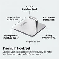 Bedroom Wall Mounted Hanging Hook for Dorm Room and Homeowner, Stainless Steel No Drill Organizer with Strong Adhesive