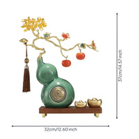 Gold-Tone Gourd Ornament with Wooden Base Traditional Ceramic Gourd Artisanal Statue Glossy for Homeowners, Living Room, Housewarming