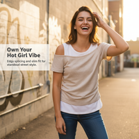 Lyocell Tencel Overlay Asymmetrical Cold Shoulder Top with Inner Cotton Blend