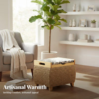 Multi-Functional Woven Storage Ottoman Handwoven Design Round Lidded Storage Pouf With Removable Lid Footrest Space-Saving for Homeowners, Renters, Parents, Living Room, Entryway, Bedroom, Hallway