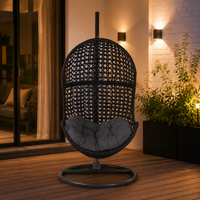 Black Metal Hanging Egg Chair, Bamboo Swing Chair for Kids with Stand, Indoor Outdoor Hammock Chair for Garden Patio, 75x75x195cm