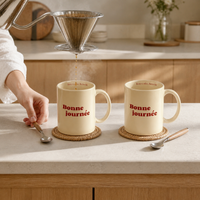 French Ceramic Mug with Handle for Coffee, Milk, and Tea - Cute Couple and Friendship Gift