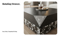 Minimalist design rotateing Storage Table Marble Pattern Top Living Room Furniture Wood Grain Finish Rotatable Design for Homeowners, Apartment Dwellers, Families, Lounge Area