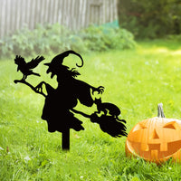 Halloween Witch Cat Iron Garden Stake Decoration Set