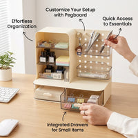 Desktop Storage Rack for Study Table, Pegboard Desk Organizer with Divided Sections, Office Stationery Tabletop for Professionals