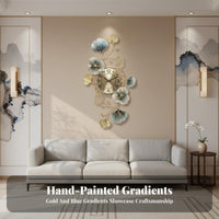 New Chinese Design Clock Non-Ticking Metal Ginkgo Leaf Clock Light High-End Design 3D Iron Art Timepiece for Interior Designers, Adults, Entryway