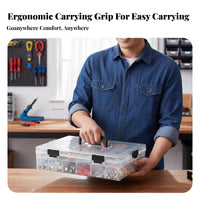 Multiple Compartments Small Parts Case Portable Design Multi-Compartment Storage Case Removable Dividers Hardware Box Transparent Lid for DIY hobbyists, Technicians, Workshop, Craft Room, work location, Vehicle
