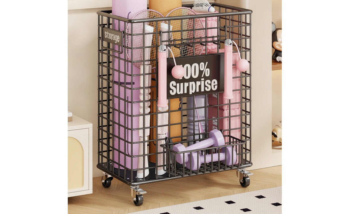 Yoga Mat Storage Basket with Wheels Open-Grid Wire Storage Basket with Wheels Exercise Equipment Rack Mat Cart for Yogis, Fitness Enthusiasts