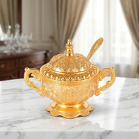 Ornate Sugar Bowl with Lid and Spoon Vintage-Style Sugar Bowl with Spoon Gold-Colored Elegant Embossed for Collectors