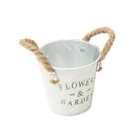 Hand-Painted Metal Bucket Planter Distressed Finish Bucket Flower Pot Printed Lettering Rope Handle Planter Tapered Shape