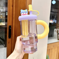 Large Capacity Straw Cup Cute Cartoon Design Handled Water Cup Portable Tumbler Handle Grip for Women, Girls, Cycling, Travel, Outdoor