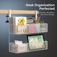 Office Desk Hanging Basket with Adjustable Iron Frame for Storage, Shelf Organizer with Hooks for Home Workers, No Drill Installation