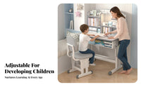 Space Saving Kids Desk and Chair Set Sturdy Steel Frame Adjustable Student Desk Set Bookstand Height Adjustable Study Table Widened Desktop for Students, Teenagers, Parents, Home, Bedroom, Playroom