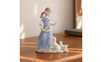 Ceramic Girl Figurine with Dogs Glazed Tabletop Ornament Decorative for Entryway