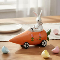 Creative Design Bunny in Carrot Car Figurine Hand-Painted Feature Rabbit Driving Carrot Vehicle Statue Easter Bunny Resin Ornament for Desktop, Office