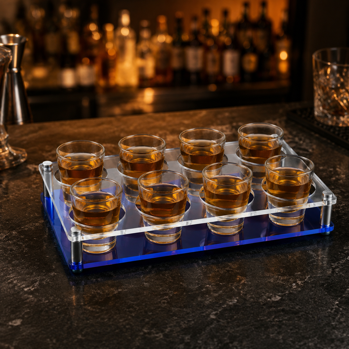 Blue Acrylic Liquor Glass Rack, Holds 8 Glasses, Shot Glass Display Stand, Practical and Elegant Party Accessory