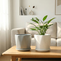 Plant Pots for House Plants and Indoor Plants, Pack of 2 White Wavy Ceramic Pots, Floor Standing Flower Pots for Snake Plant, Drainage Hole