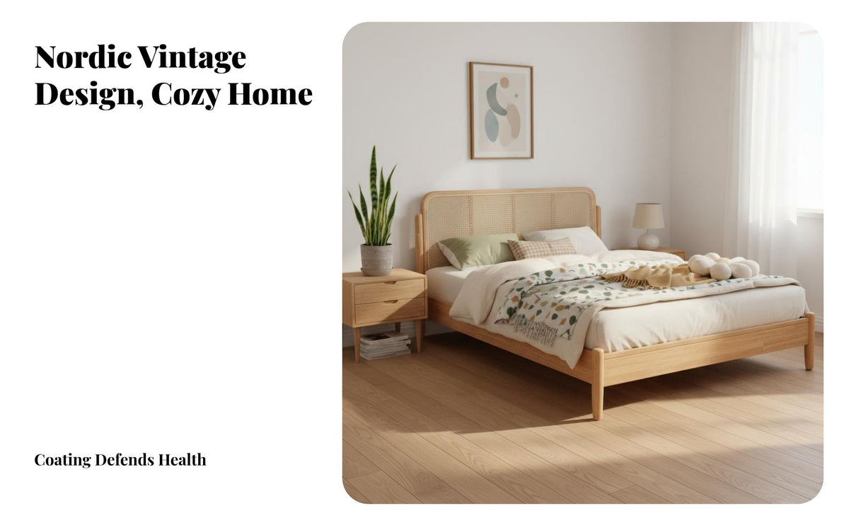 Rattan Headboard Bed Retro Design Solid Wood Foundation Bed Aesthetic Bedroom Furniture for Guesthouse Owners, Couples, Guest Room, Hotel, Home