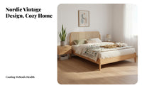 Rattan Headboard Bed Retro Design Solid Wood Foundation Bed Aesthetic Bedroom Furniture for Guesthouse Owners, Couples, Guest Room, Hotel, Home