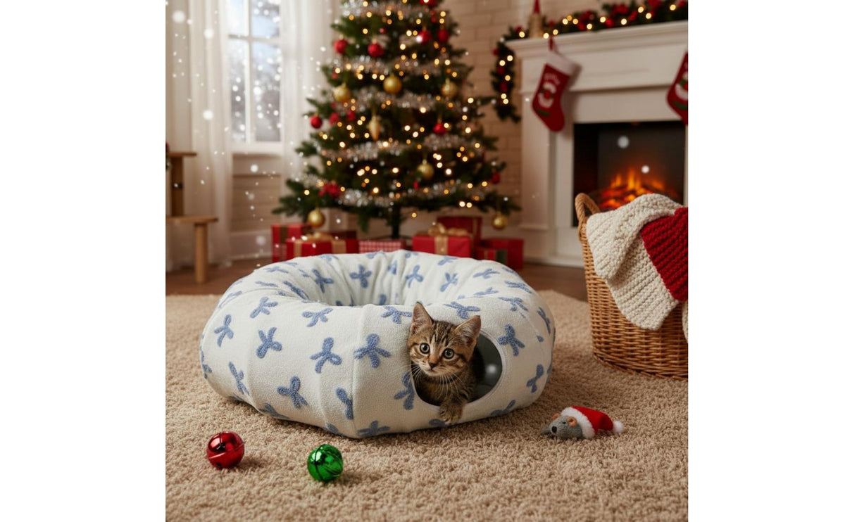 S-Shaped Cat Tunnel 2-in-1 Design Cat Tunnel Bed Christmas Themed for Kittens, Small Pets
