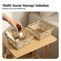 Japanese design Imitation Rattan Weave storage bin Woven Design Imitation Rattan storage bin Rustic visual appeal Storage Container adaptable for Homemakers, Office Workers, Bedroom, Kitchen, Living Room, Bathroom