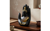 Buddha in Palm Statue Gold Accents Hand Holding Buddha Figurine Artisanal Look