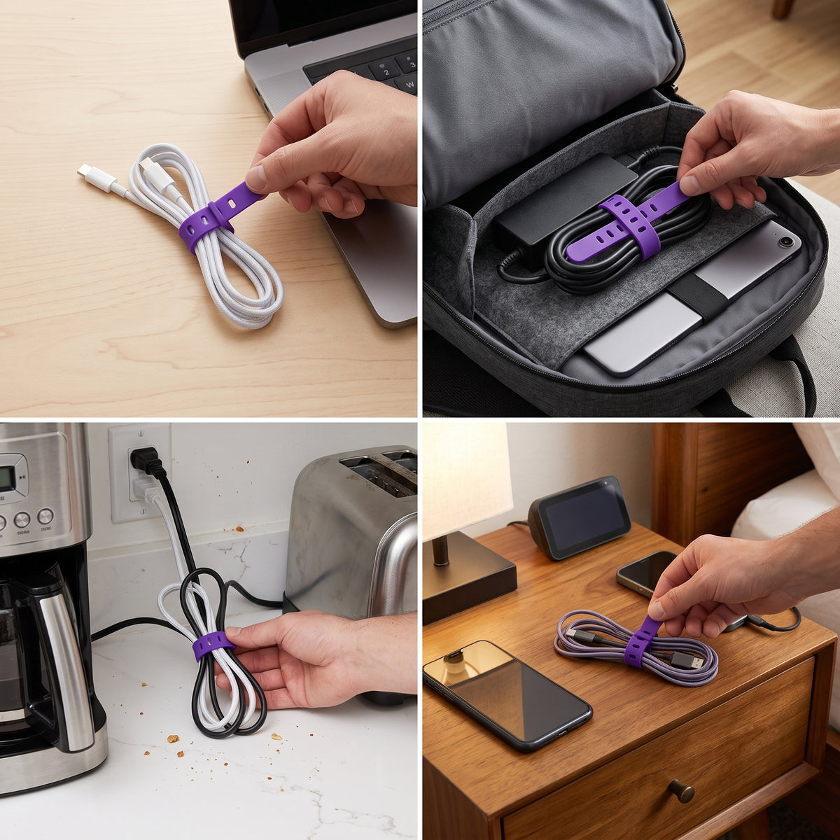 95mm Silicone Cable Ties for Earphones and Charging Cords, 4-Hole Cable Organizer