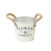 Hand-Painted Metal Bucket Planter Distressed Finish Bucket Flower Pot Printed Lettering Rope Handle Planter Tapered Shape