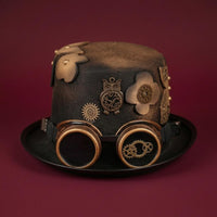 Decorative Flower and Gear Steampunk Hat with Goggles Adjustable Chin Strap Steampunk Top Hat Handmade Headwear