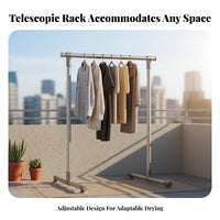 Freestanding Design Adjustable Costumer Stand Mobile with Rolling Casters Wheeled Single Clothing Rack Lockable casters Laundry Supply for households, Apartment Dwellers, Students, Bedroom, Balcony, Dorm Room