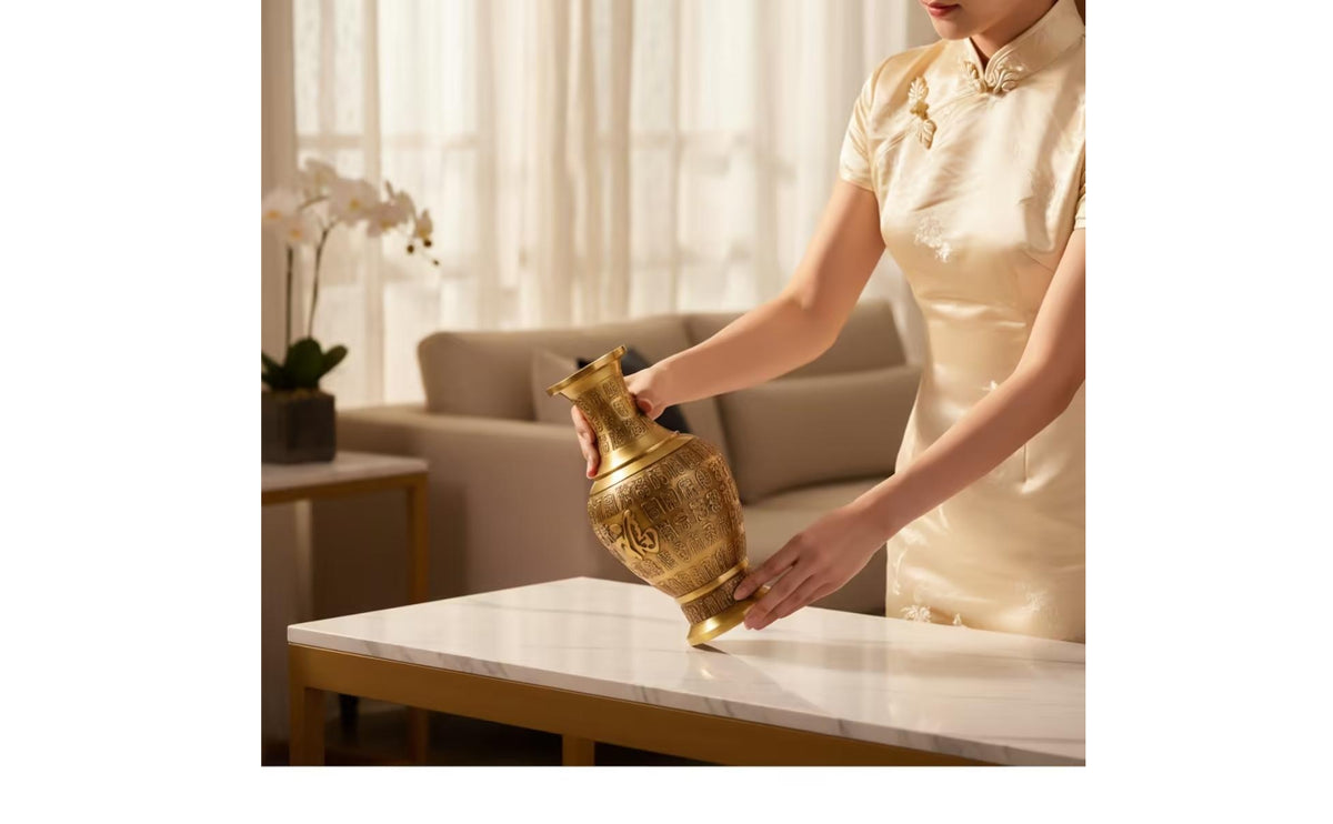 Embossed Brass Vase Flared Rim Gold-Toned Decorative Vase Modern